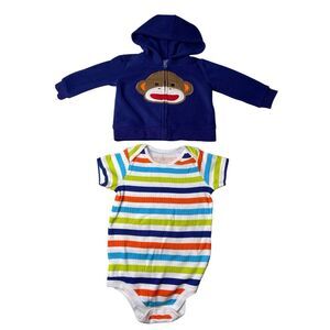 Baby Starters Monkey Hoodie Striped Romper Set 9 Months Blue Outfit Sweatshirt